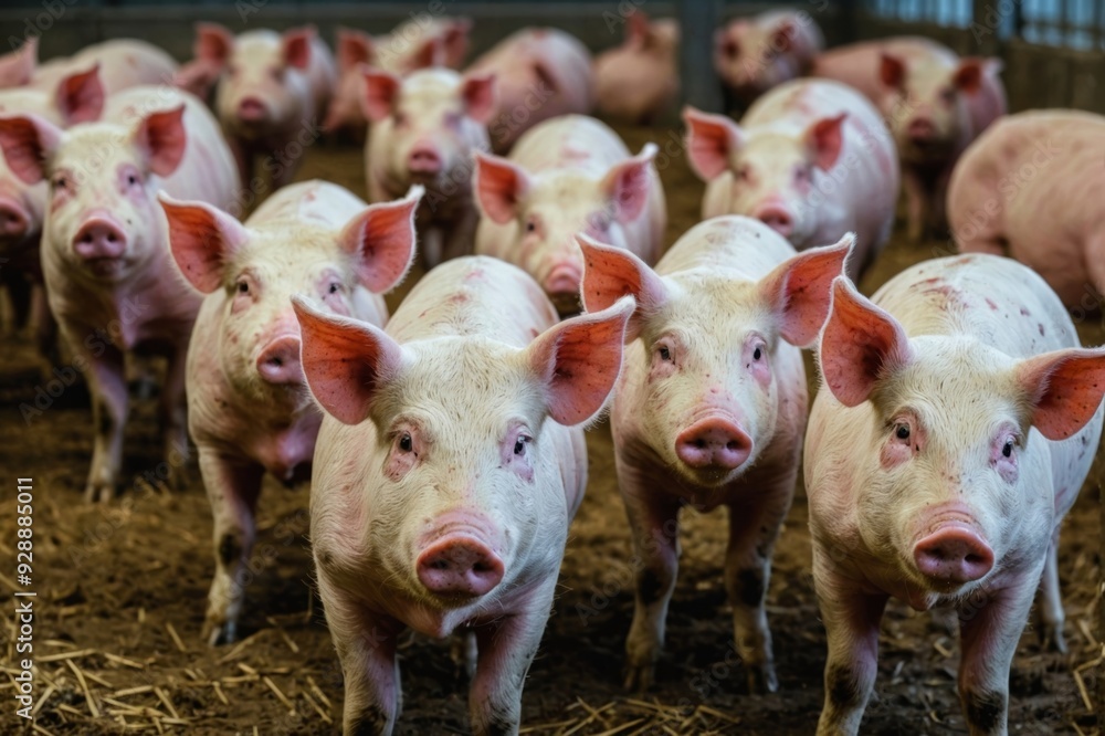 Fattening pigs on a large commercial breeding pig are looking at the cameras in pig farm Fattening pigs on a large commercial breeding pig are looking at the cameras in pig farm