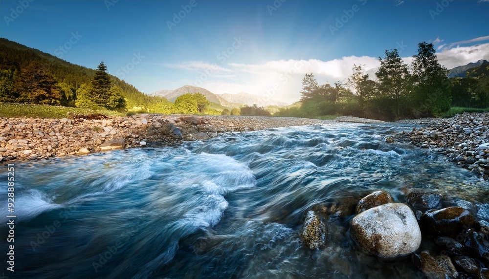 A serene river flows through a picturesque landscape, illuminated by a soft sunrise, creating a tranquil scene in nature. A serene river flows through a picturesque landscape, illuminated by a soft sunrise, creating a tranquil scene in nature.