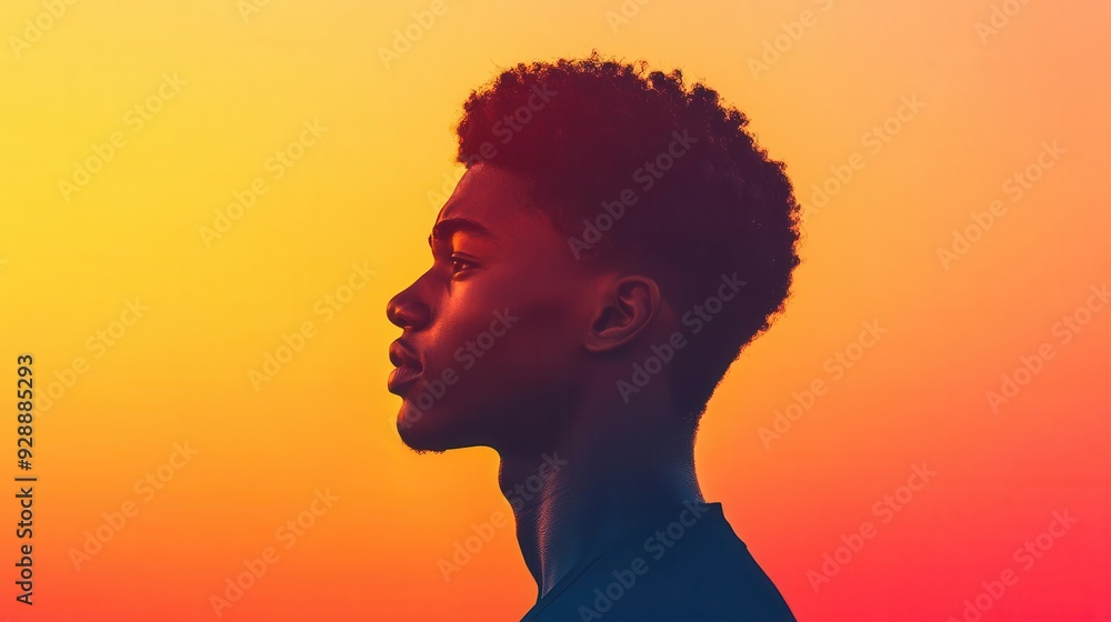 Silhouette of a young man against a vibrant sunset, showcasing a beautiful blend of colors and a moment of contemplation. Silhouette of a young man against a vibrant sunset, showcasing a beautiful blend of colors and a moment of contemplation.