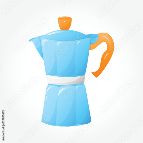 Blue Moka pot with orange plastic holder. Italian coffee maker. Espresso machine. Vector illustration EPS 10
