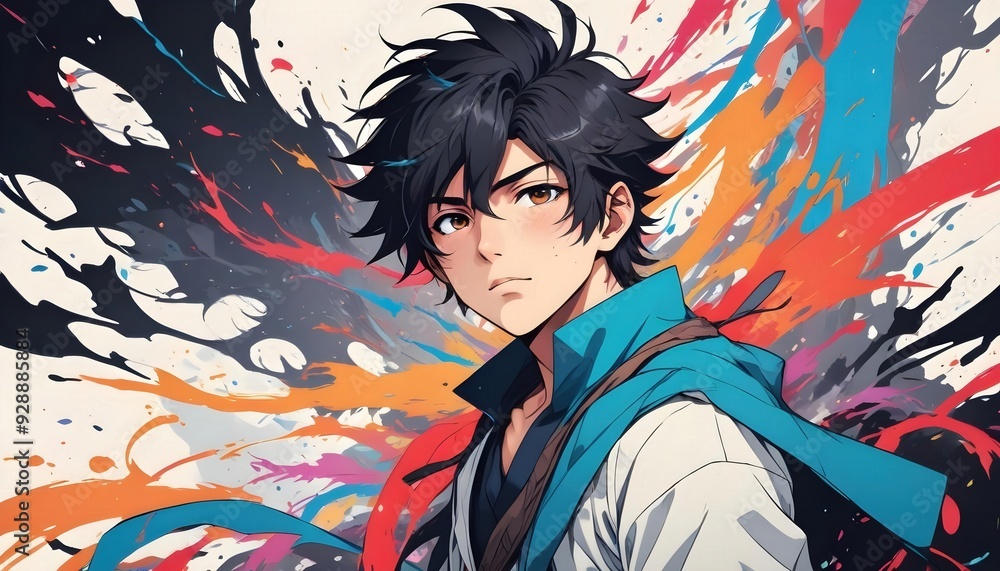 Intense Japanese Anime Man on Vibrant Abstract Background Intense Japanese Anime Man on Vibrant Abstract Background