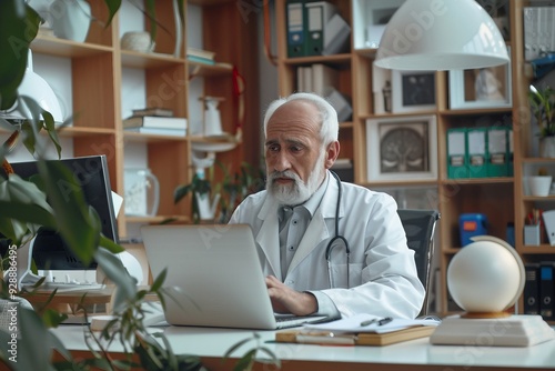 Senior Doctor Working on Laptop in Office