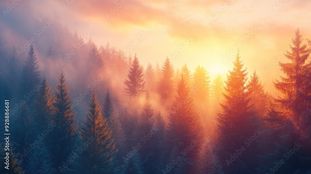 Misty sunrise in the mountain forest trees. Morning in the natural forest environment, autumn leaves scenery, mysterious rural forest sunset, dawn scenery, three-dimensional sunlight Misty sunrise in the mountain forest trees. Morning in the natural forest environment, autumn leaves scenery, mysterious rural forest sunset, dawn scenery, three-dimensional sunlight