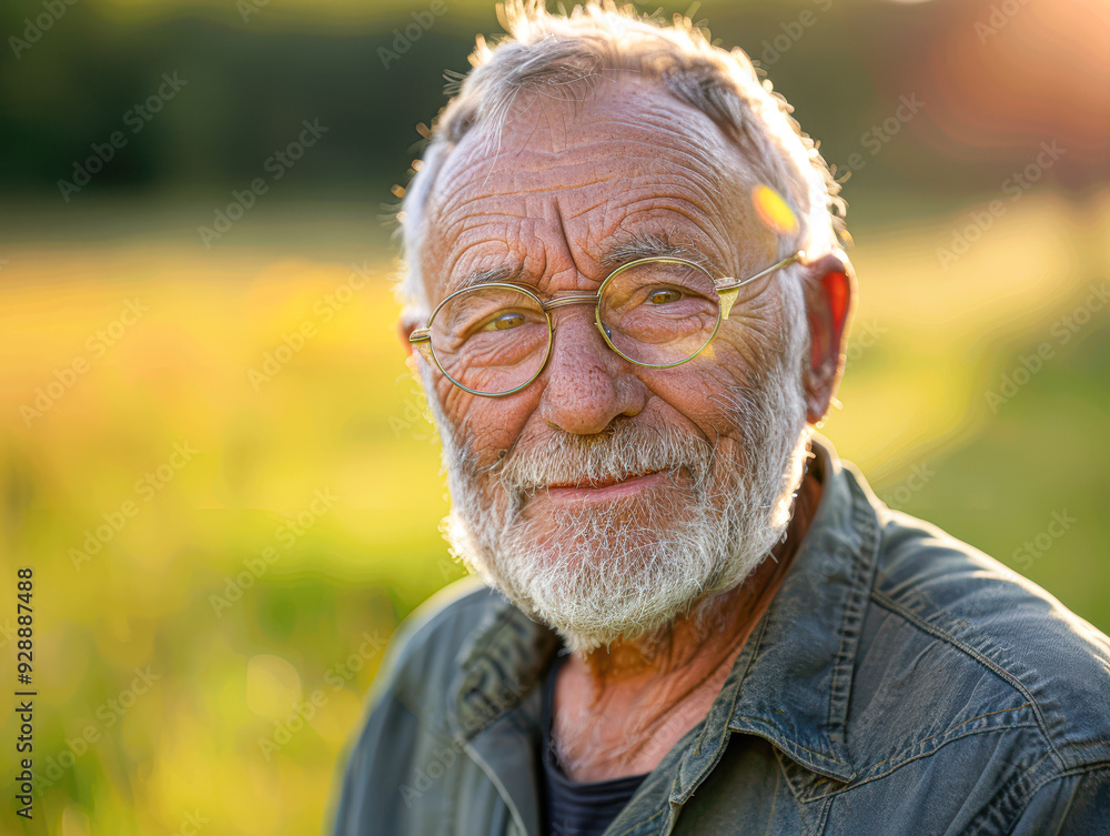 Serene Senior Man Enjoying a Sunny Meadow Stroll with Cheerful Expression and Beard, Outdoor Lifestyle Concept Serene Senior Man Enjoying a Sunny Meadow Stroll with Cheerful Expression and Beard, Outdoor Lifestyle Concept