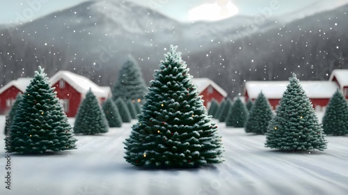 A serene winter landscape featuring a Christmas tree farm. Snow-covered trees stand tall against a backdrop of snow-capped mountains.