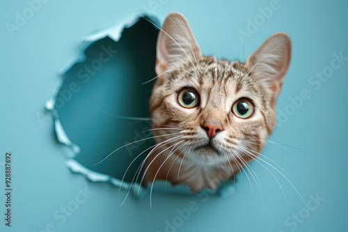 Curious Cat Peeking Through Hole in Wall Close-up Portrait with Blue Background and Studio Light