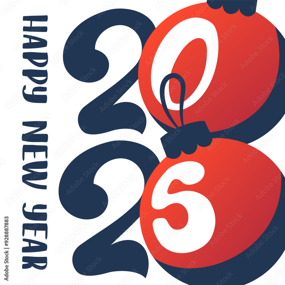 Happy new year 2025 card with Christmas balls. Square banner, card, postcard, cover. Blue and red colors. Happy new year 2025 card with Christmas balls. Square banner, card, postcard, cover. Blue and red colors.