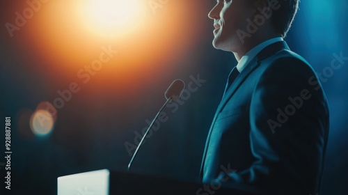 A confident speaker addresses an audience, illuminated by a dramatic spotlight, capturing the essence of impactful communication.