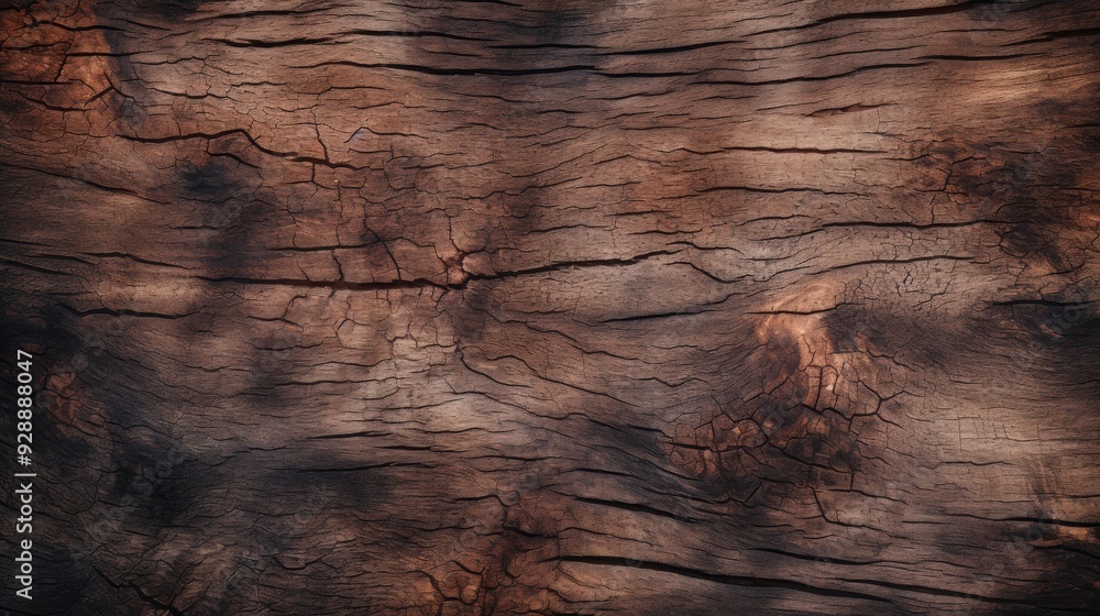 Naklejka premium Closeup of dark brown weathered wooden surface with visible grain and cracks.