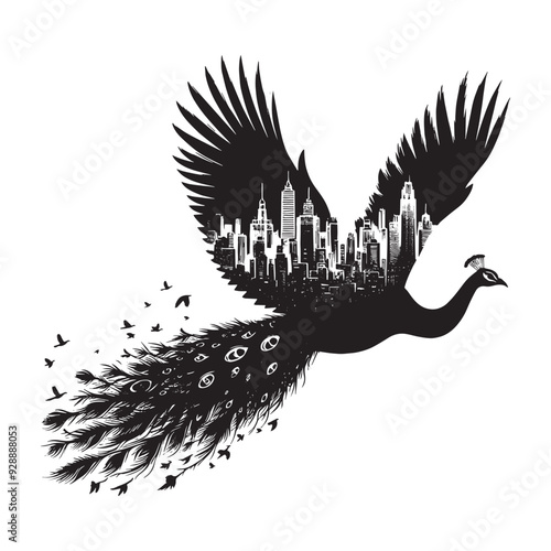 silhouette of Peacock filled with cityline in rough drawing
