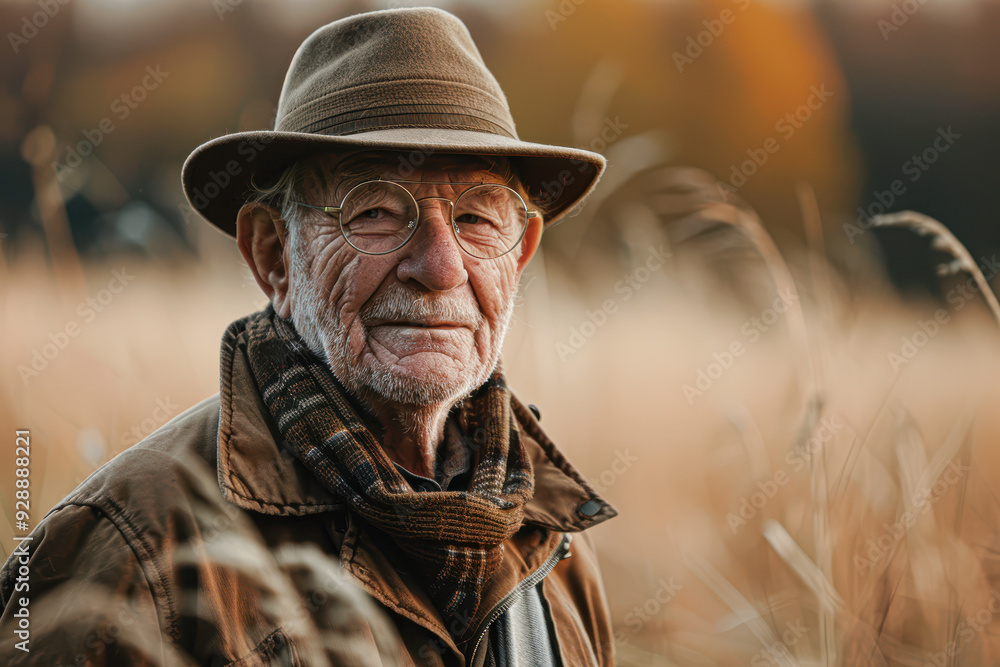 Obraz premium Serene Senior Man Enjoying Autumn Stroll in Rural Countryside