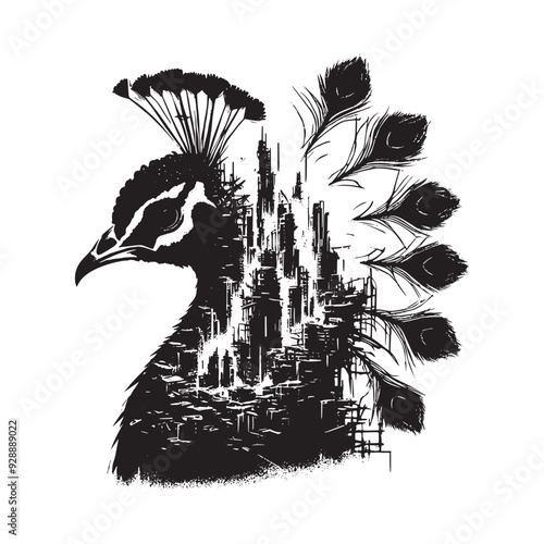 silhouette of Peacock filled with destroyed futuristic dystopia environment in rough drawing