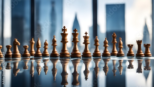 A chess board with a reflection of the city skyline in the water