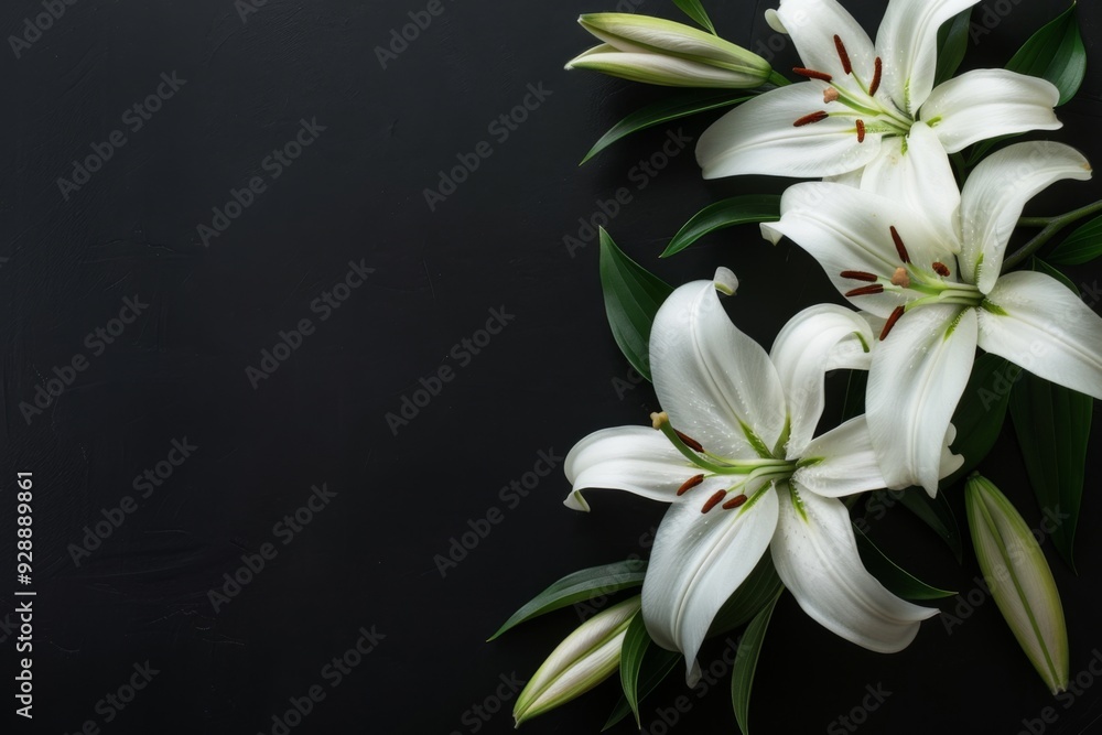 Naklejka premium Condolences card with white lilies on black background, copy space