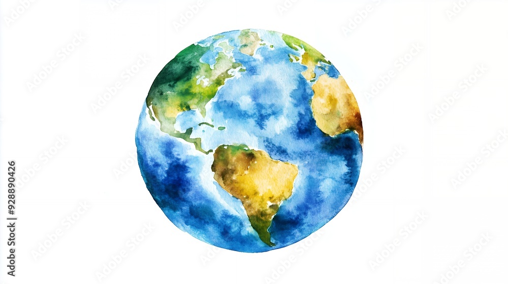 Watercolor painting of a blue and green globe on a white background. Watercolor painting of a blue and green globe on a white background.