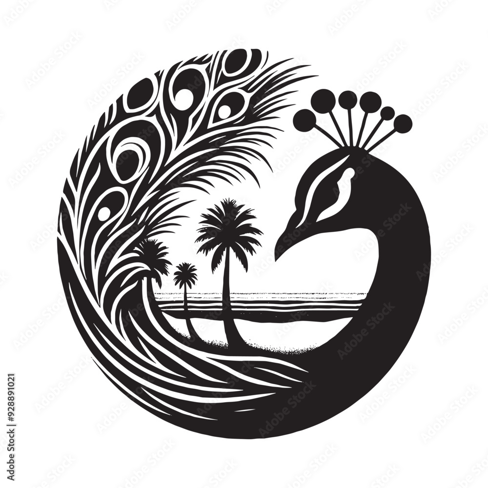 silhouette of Peacock filled with ocean beach view with palm tree in rough drawing silhouette of Peacock filled with ocean beach view with palm tree in rough drawing