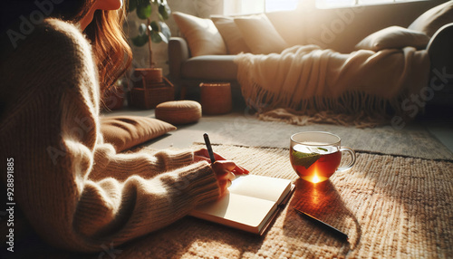 A person journaling in a cozy, sunlit room with a cup of herbal tea beside them. The scene exudes warmth and calm, with soft furnishings and natural light creating a comforting environment photo