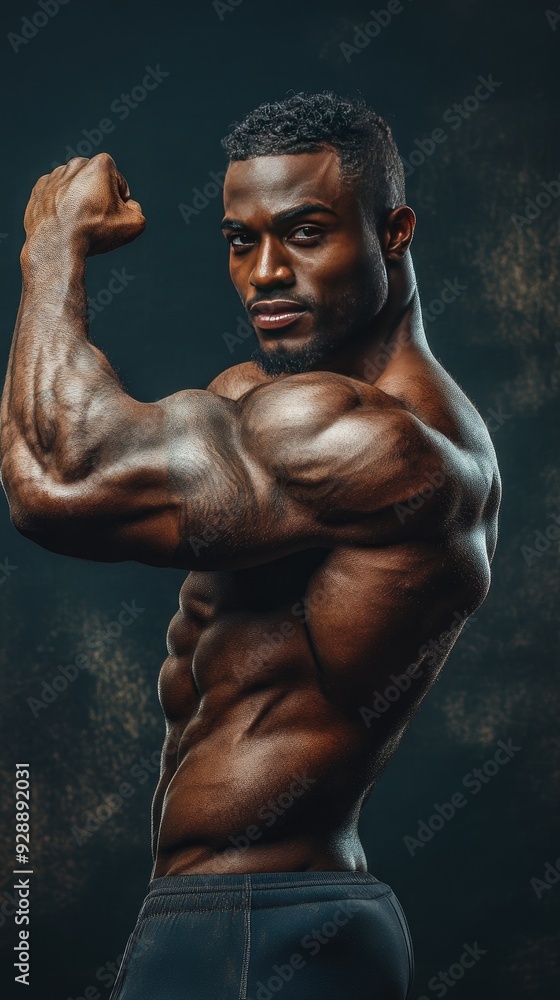 A muscular man flexing his bicep, showcasing strength and fitness in a dramatic lighting setting for fitness-themed projects. A muscular man flexing his bicep, showcasing strength and fitness in a dramatic lighting setting for fitness-themed projects.