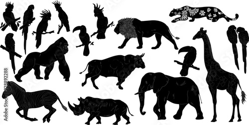 African animals and birds set Natural Look Black Vector Silhouette Design Element
