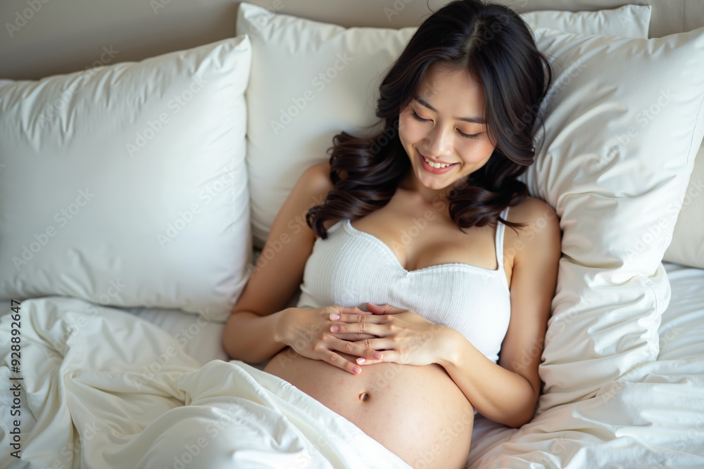 photo of pregnant woman sleeping and smiling in bed house, generative AI photo of pregnant woman sleeping and smiling in bed house, generative AI