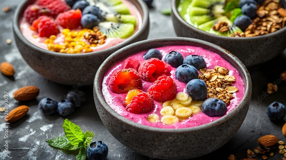 Vibrant Smoothie Bowls with Fresh Fruits and Nuts Arranged,Representing Culinary Wellness Vibrant Smoothie Bowls with Fresh Fruits and Nuts Arranged,Representing Culinary Wellness