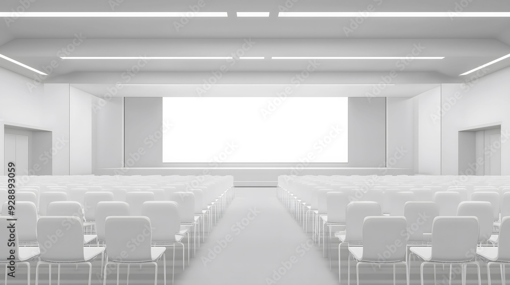 Large empty conference room with chairs and a blank projection screen Large empty conference room with chairs and a blank projection screen
