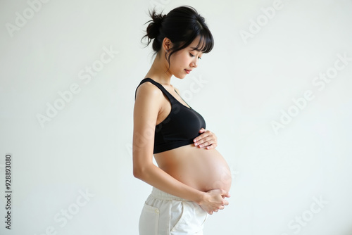 photo of pregnant woman standing pose on white background, generative AI