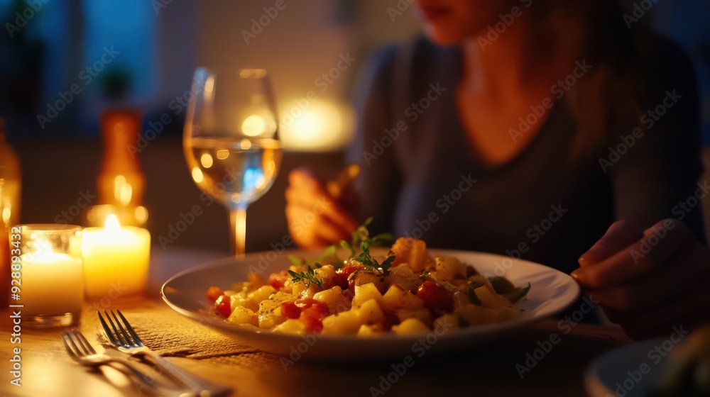 A woman is eating a plate of food while holding a wine glass. The table is set with a fork, knife, and spoon, and there are candles on the table. The atmosphere is cozy and intimate A woman is eating a plate of food while holding a wine glass. The table is set with a fork, knife, and spoon, and there are candles on the table. The atmosphere is cozy and intimate