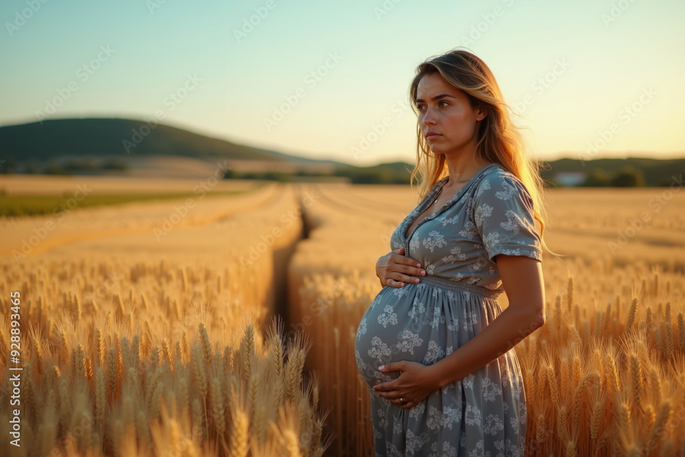 photo of pregnant woman standing pose on golden wheat field, generative AI photo of pregnant woman standing pose on golden wheat field, generative AI