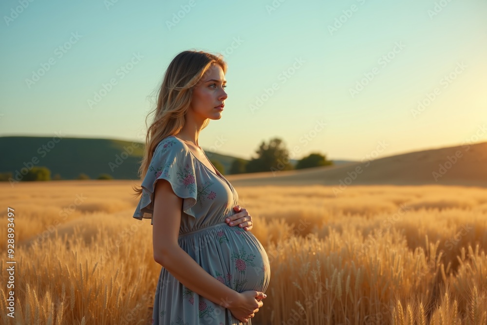 photo of pregnant woman standing pose on golden wheat field, generative AI photo of pregnant woman standing pose on golden wheat field, generative AI