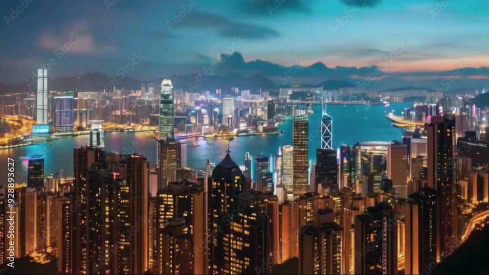 Hong Kong. City Timelapse. Hong Kong timelapse from day to night. Tight zoom in shot. Cool tone. Hong Kong. City Timelapse. Hong Kong timelapse from day to night. Tight zoom in shot. Cool tone.