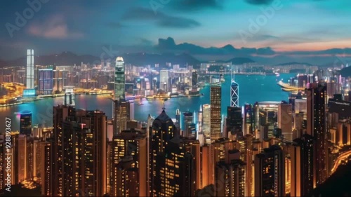 Hong Kong. City Timelapse. Hong Kong timelapse from day to night. Tight zoom in shot. Cool tone. photo