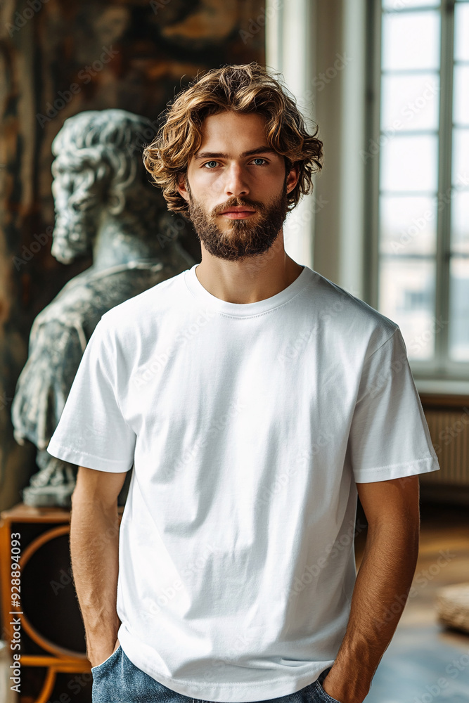 Fototapeta premium Set Mockup of a t-shirt 3D rendering, with a round neck, universal clothing for women, men, isolated on background. Template of fashion clothes for branding, place for design
