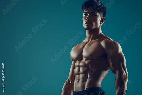 Muscular man with defined abs and biceps in a studio setting, posing with a teal blue background.