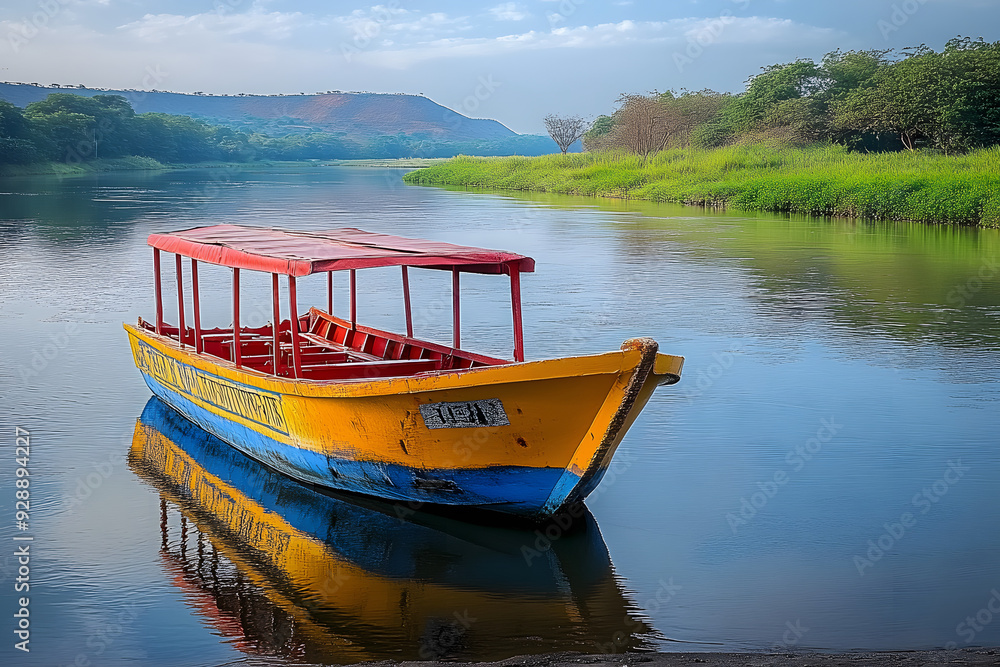 Fototapeta premium A twelve seater FRP Motor Boat for recreational and adventurous activities for tourists anchored on the bank of the Godavari river near Nashik in India. Copy space.