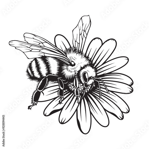 Drawing of bee on flower, Vector sketch Hand drawn illustration isolated