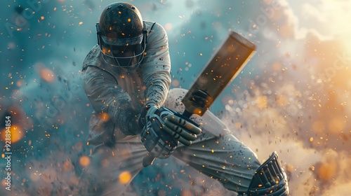 Close-up shot of a cricket player hitting the ball in a front view action shot.