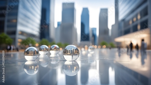 A cityscape with a reflection of a group of glass spheres on a wet surface photo