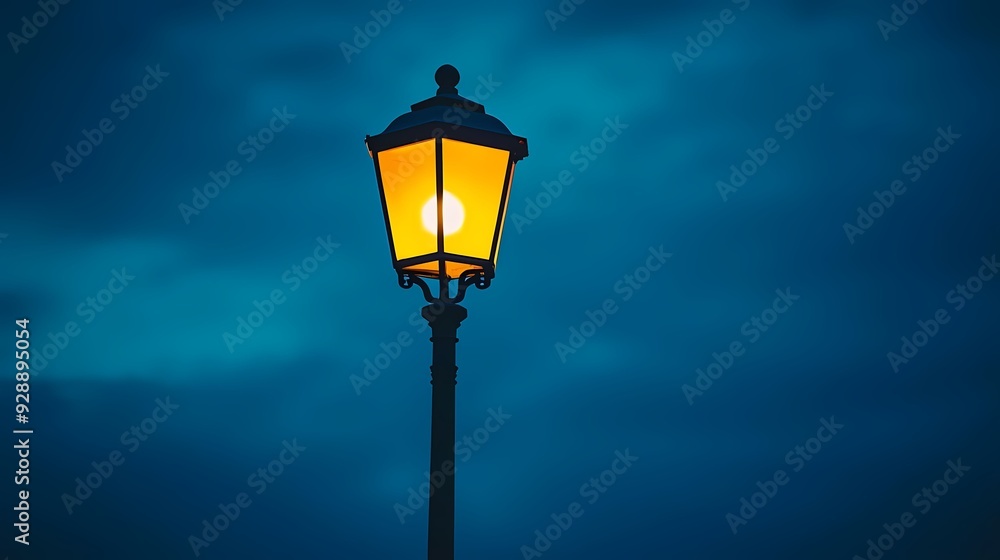 A beautifully illuminated street lamp casting warm light against a moody twilight sky, perfect for evening ambiance. A beautifully illuminated street lamp casting warm light against a moody twilight sky, perfect for evening ambiance.