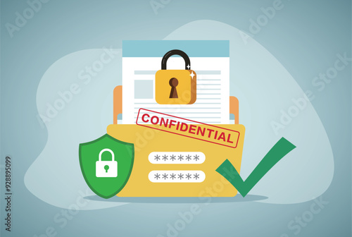 Yellow folder with confidential documents. Sensitive data and information. Data protection. Secure account, profile login and password. Paperwork in office. Flat vector illustration