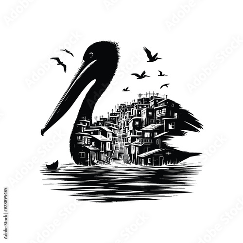 silhouette of Pelican filled with ghetto street in rough drawing