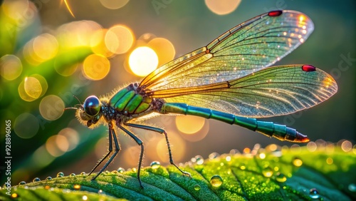 Delicate dragonfly perches on a green leaf, its iridescent wings glistening with dew, showcasing intricate veins and shimmering colors in the warm sunlight. photo