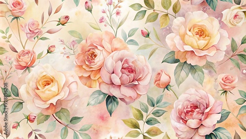 Delicate, dreamy watercolor rose pattern on a soft, creamy background, featuring whimsical, blurred blooms in shades of pink and peach, evoking romance and elegance.