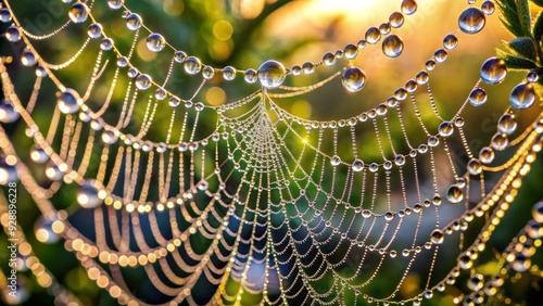 Delicate droplets of dew cling to a spider's web, glistening like diamonds in the morning light, symbolizing nature's unwavering pursuit of perfection and beauty.