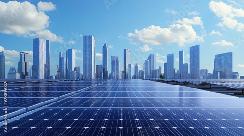 Clean energy tax reforms, solar arrays in business district, 3D illustration