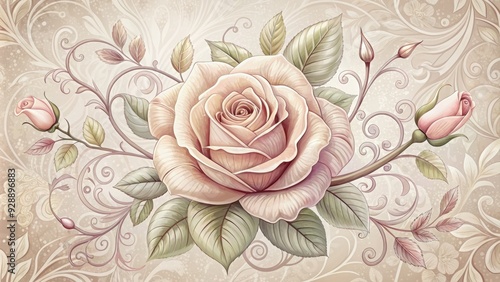 Delicate, hand-drawn illustration of a blooming rose in soft, pink hues, surrounded by subtle, swirling patterns and ornate lines, evoking a sense of vintage elegance.
