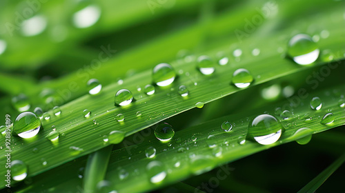 Close-up view of fresh green grass with water droplets on the blades. Spherical shape of water drops. Vivid green color. Beauty of nature. Grass background.