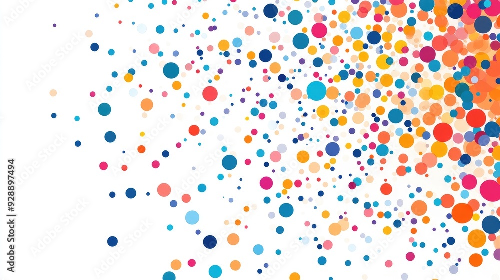 Obraz premium Abstract falling dots in various colors, forming a dynamic pattern against a pure white background, perfect for modern design