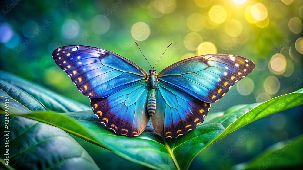 Delicate, intricately patterned butterfly with iridescent blue wings perched alone on a soft, velvety green leaf, surrounded by blurred bokeh background. Delicate, intricately patterned butterfly with iridescent blue wings perched alone on a soft, velvety green leaf, surrounded by blurred bokeh background.