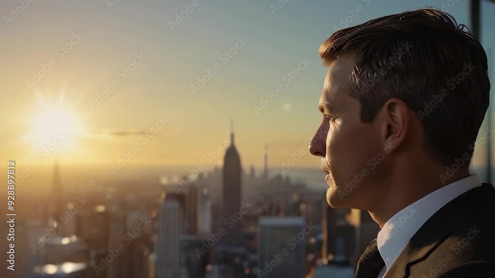 Businessman Looking at Cityscape at Sunset Businessman Looking at Cityscape at Sunset